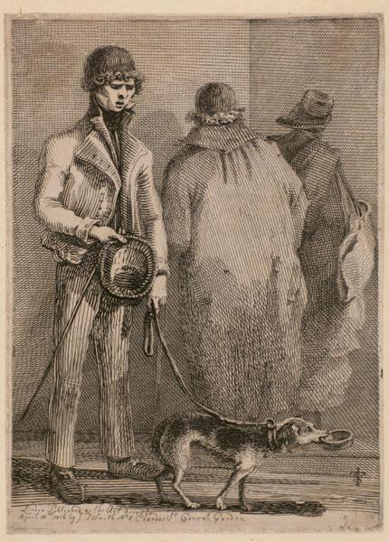 Dog helping blind beggar, London, 1816 etching by John Thomas Smith