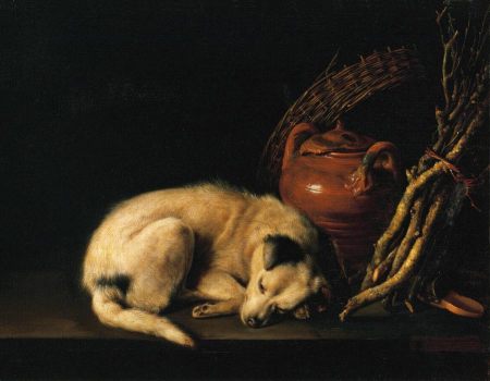 A Sleeping Dog Beside a Terracotta Jug, a Basket, and a Pile of Kindling Wood--Gerrit Dou--1650