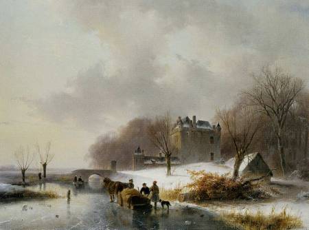 Frozen canal near castle--Andreas Schelfhout (1787-1870)