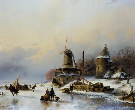 Andreas Schelfhout (1787-1870) -- Ice Merriment Near a Mill