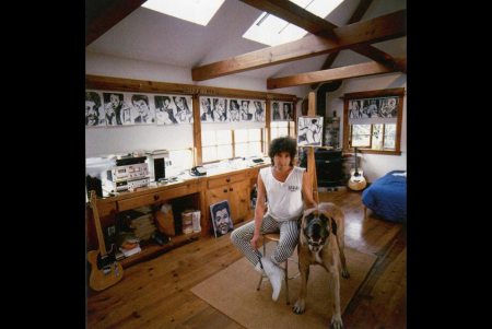 Bob Dylan in studio with his dog, 1980's (?) (Photo by David Michael Kennedy)
